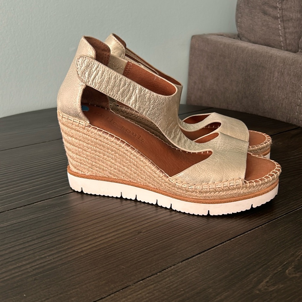 Gentle Souls wedge sandals in metallic gold with a 4 inch platform.